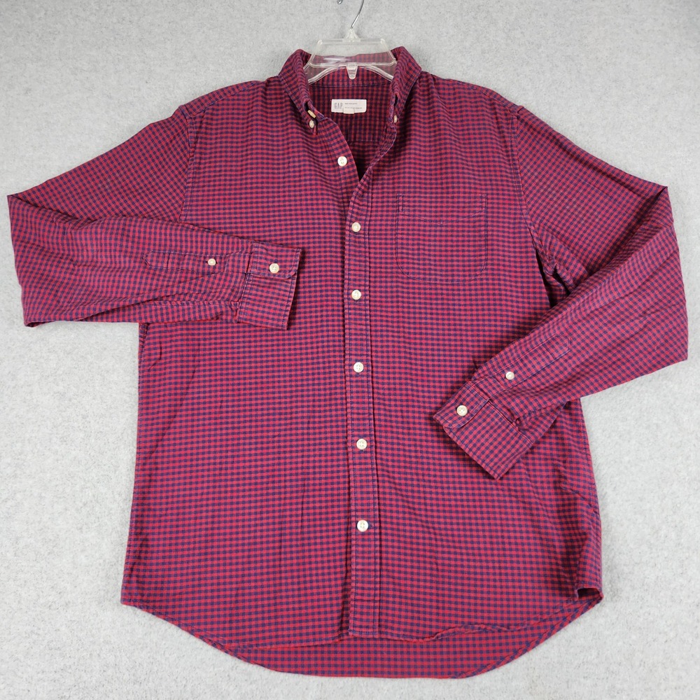 GAP Shirt Mens M Red Blue Gingham Standard Fit Stretch Long Sleeve Button Down